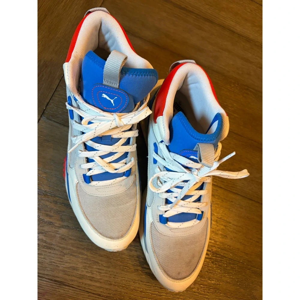 Puma Wild Rider Mid Mens White Blue Red Sneakers Sporty Colorblock Lifestyle